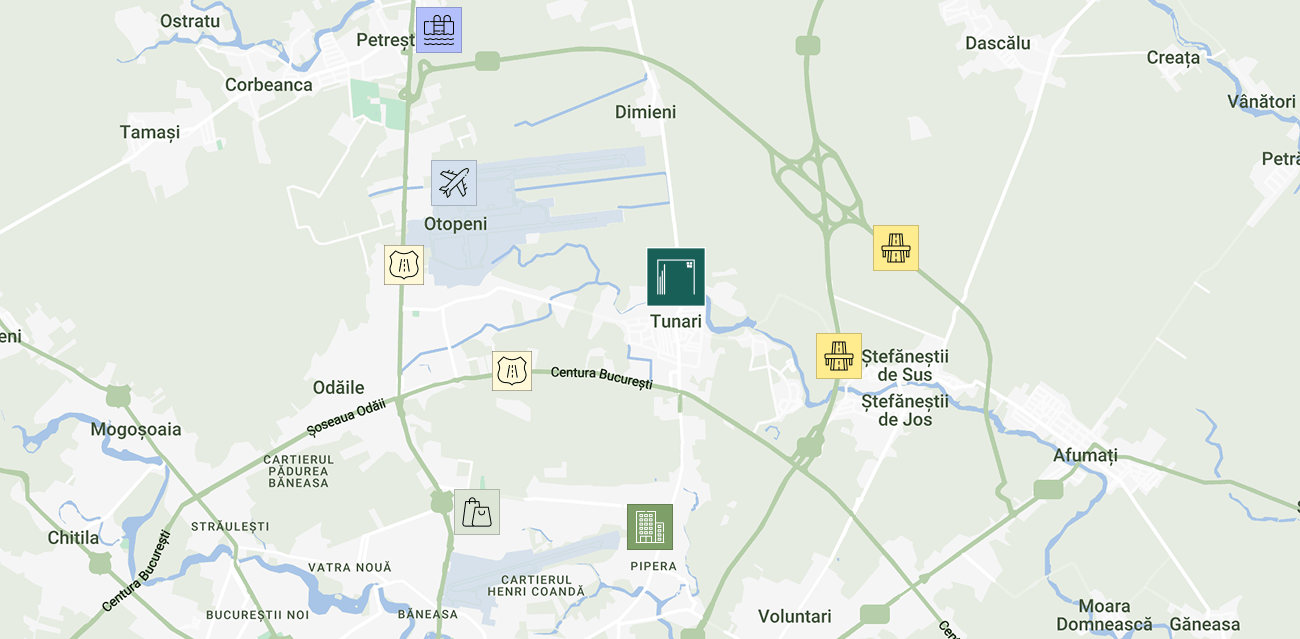 Hartă ilustrată cu zona Tunari și punctele de interes apropiate de City Nord.